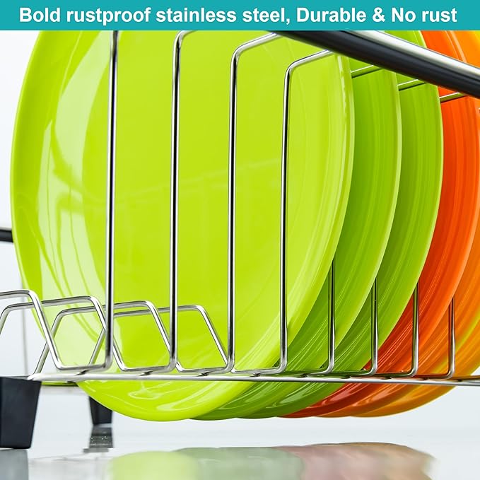 iPEGTOP Expandable Multifunctional Dish Drying Rack, Over The Sink, in Sink Or On Counter Dish Drainer Basket Shelf with Black Utensil Silverware Holder, Rustproof Stainless Organizer