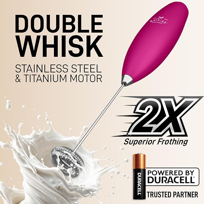 Zulay Kitchen Powerful Milk Frother Wand With Duracell Batteries - Ultra Fast Handheld Drink Mixer - Electric Whisk Foam Maker for Coffee, Lattes, Cappuccino & Matcha - Double Whisk - Dragonfruit