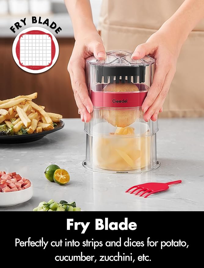 French Fry Cutter, Professional Home Style Onion Chopper, Vegetable Chopper Dicer Manual, Easy to Clean, Ultra Sharp Blades Thick-Strip Fry Cutter Apple Slicer and Corer, 3 Blades