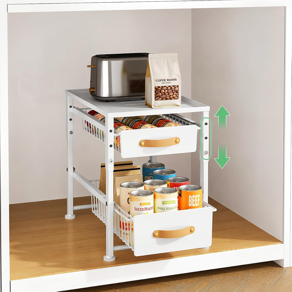 2 Tier Pull Out Cabinet Organizers, Stackable Slide out Drawers, with Sliding Storage Drawer for Kitchen and Bathroom Cabinet Storage, Under Sink or Pantry Organization, White