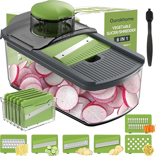 Ourokhome Mandolin Slicer for Kitchen Food, Hand Safe Vegetable Shredder with 6 Mandoline Blades, Veggie Waffle Cutter for Potato, Carrot, Zucchini, Onion, Essential Kitchen Gadgets (6 in 1, Gray)