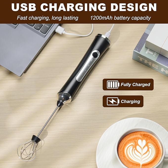 Handheld Electric Milk Frother with 3 Heads, Coffee Whisk Foam Mixer with USB Rechargeable 3 Speeds, Foam Maker Blender for Latte, Cappuccino, Hot Chocolate, Egg, Powders (Black with 3 Heads)