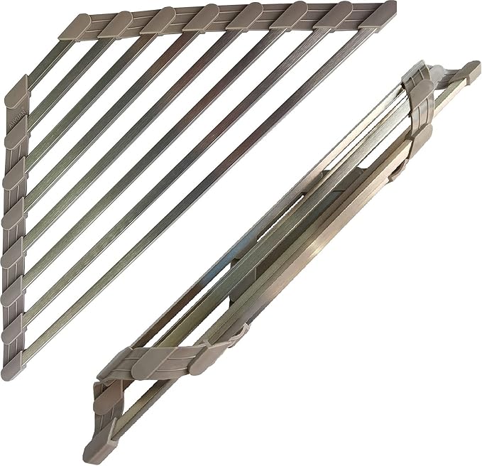 Triangle Dish Drying Rack for Sink Corner Roll Up Dish Drying Rack Folding Stainless Steel Multipurpose Over The Sink Corner Dish Drainer Mat for Kitchen (Hard and Stable Grey)
