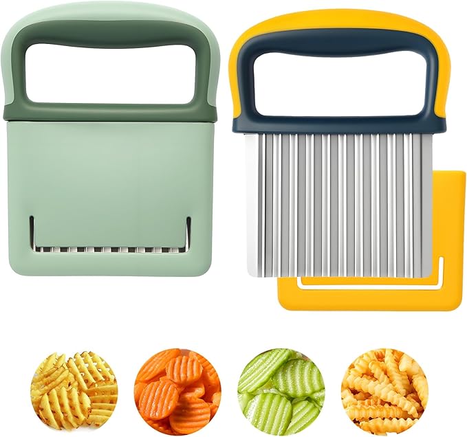 2 Pack Crinkle Cutter Set - French Fry Cutter for Potatoes, Premium Stainless Steel Potato Slicer, Safe Wavy Veggie Slicer with Blade Cover, Space-Saving Crinkle Knife