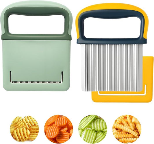 2 Pack Crinkle Cutter Set - French Fry Cutter for Potatoes, Premium Stainless Steel Potato Slicer, Safe Wavy Veggie Slicer with Blade Cover, Space-Saving Crinkle Knife