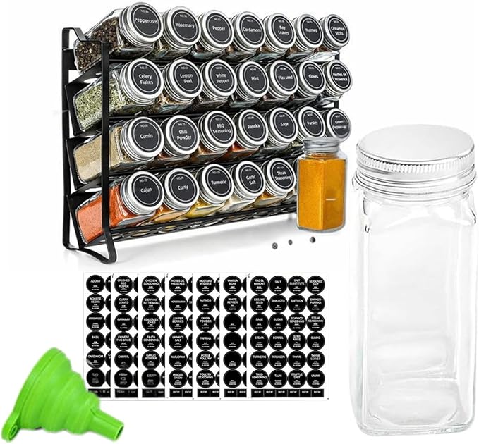 ELITE BAY-Spice Jar Rack with KEEP – 4-Tier Organizer with 28 Empty Bottles, 180 Waterproof Labels (55 Blanks), Funnel &Screws | Space-Saving Spice Storage Set for Kitchen Counter or Cabinet