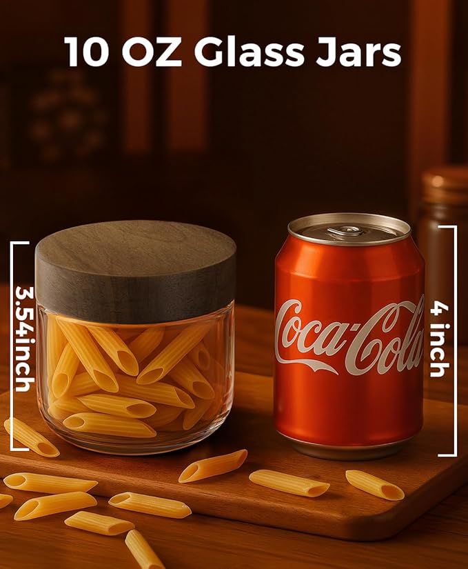 10oz 6 Pack Overnight Oats Containers with Lids, Glass Mason Jars with Acacia Wood Airtight Lids, Wide Mouth Meal Prep Storage Jars for Yogurt, Chia Pudding, Salad, Parfait, Snacks, Spice
