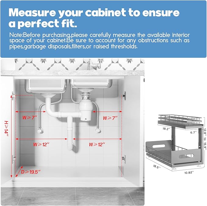Under Sink Organizer Upgrade To Professional Rails,2-Tier Dual Pull Out Cabinet Storage,Height Adjustable Slide Out Drawers For Bathroom Kitchen,1 Pack-18.5"Dx12.8"-16.9"H,Gun Gray