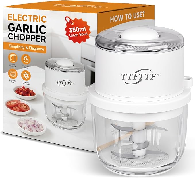 Electric Garlic Chopper, 350ML Glass Bowl Mini Food Processor, Portable Veggie Chopper Onion Garlic Grinder, Wireless Blender for Ginger, Chili, Fruit, Meat, etc