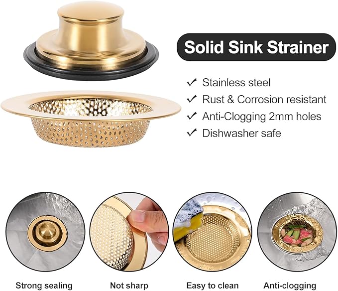 RQYEKDO Kitchen Sink Strainers Sink Stopper Kits, Stainless Steel Sink Drain Strainer Set, Large Wide Rim 4.4" Diameter Food Catcher Garbage Disposal Plug for Most Sink Drains Basket Filter (Gold)