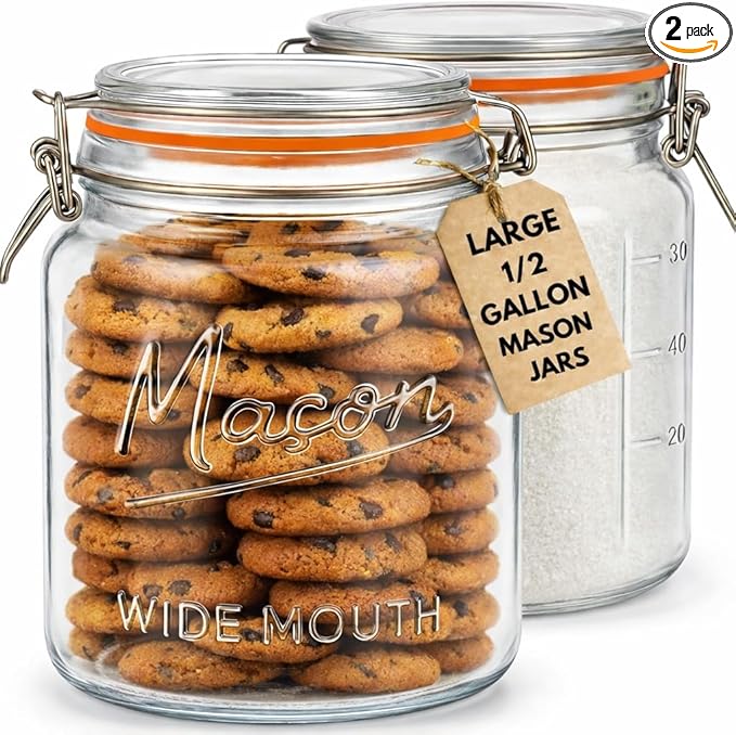 kitchentoolz 64 oz Mason Jars Wide Mouth with Airtight Lids – Set of 2 Half Gallon Glass Jar with Lid – Large Mason Jars with Lids for Kitchen Pantry, Storage, and Canning