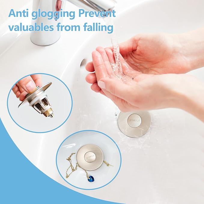 QYHNYJF Bathroom Sink Stoppers Brushed Nickel – Pop Up Drain Stopper & Strainer, 2-in-1 Universal Sink Stopper for 1.1" to 1.5" Bathroom Sink Drain Pipes, Brushed Nickel Finish