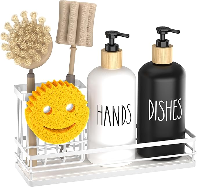 Moforoco Kitchen Dish Soap Dispenser Set, 16OZ Glass Bottle, Hand and Dish Soap Dispenser Set, Instant Dry Tray, Brush Holder with Smiley Face Sponge Holder (White Tray+Black&White Bottle)