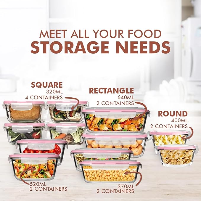 Razab 24 Pc Airtight Glass Food Storage Containers - Glass Meal Prep Containers - Freezer to Oven Safe - Steam Release Valve BPA Free - Airtight Bento Boxes - Leak Proof (12 lids & 12 Containers)