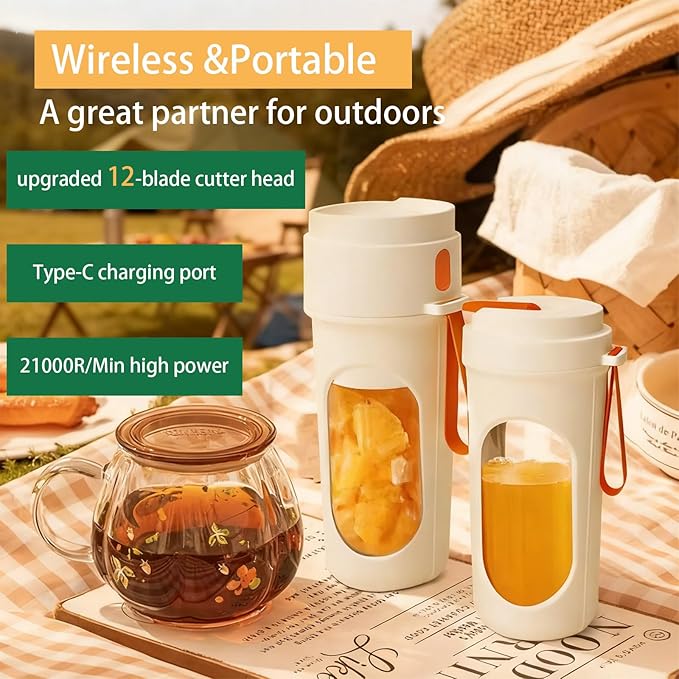 Portable Blender Cup, 15oz Mini Juicer, Shake and Smoothie Maker, Upgraded 2 Lids (Juicing & Drinking), 12 Blades, Usb Rechargeable Blender for Camping/Travel/College dorm (Green)