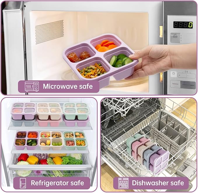 5 Pack Bento Lunch Box,4 Compartment Snack Containers,Divided Snack Box,Meal Prep Lunch Containers FOR Kids/Toddle/Adults,Food Storage Containers for School, Work and Travel