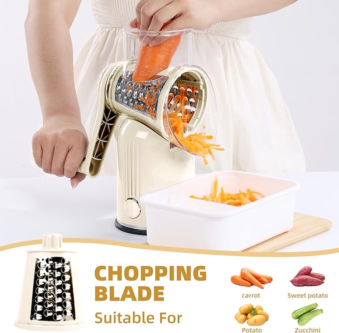 Rotary Cheese Grater with Handle, Vegetable Shredder with 5 Replaceable Blades & Strong Suction Base, Round Food Slicer & Chopper for Kitchen Fruit Vegetables Nuts with Blade Storage Box (White)