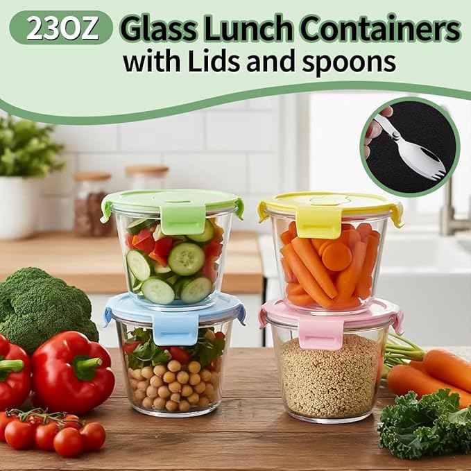3 Cup Round Glass Soup Containers with Lids and Spoon, 24oz Round Glass Food Containers, BPA free Tall Meal Prep Bowls for Soup Leftover, Microwave, Dishwasher, and Freezer Safe (4 Packs)
