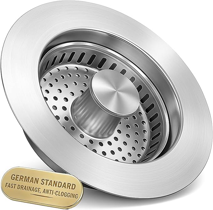 Upgraded 3-in-1 Kitchen Sink Drain Strainer with Solid Brass Core, Fast-Drain Pop-Up Sink Stopper, 304 Stainless Steel, Removable Anti-Clog Basket, for US Standard 3-1/2'' Drains