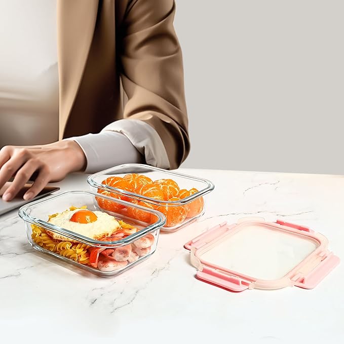 Glass Food Storage Containers 10 Pack - 22Oz Meal Prep Container Set with Lid, Airtight Snap Lock, Microwave Freezer Oven Dishwasher Safe, Lunch Box for Work, Pink