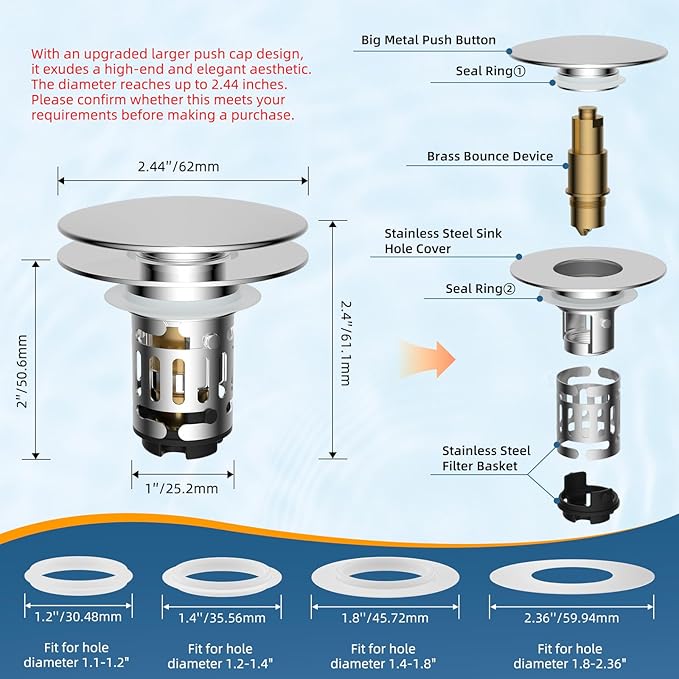 Hibbent Upgraded 3 in 1 Bathroom Sink Drain Strainer, Universal Pop Up Sink Stopper with Big Push Cap, Anti-Clogging Metal Filter Basket,Sink Plug with Hair Catcher for 1.1''~2.36'' Basin, Chrome