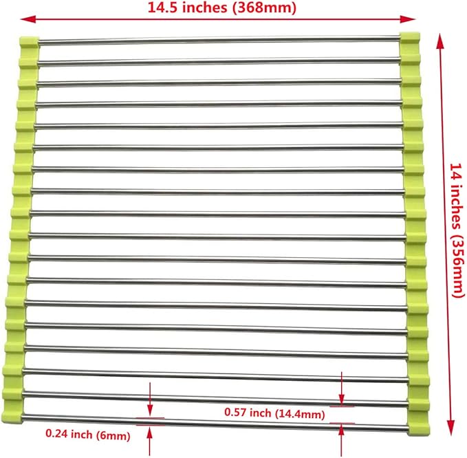 Roll Up Dish Drying Rack, Stainless Steel and Silicone Dish Drying Mat Over The Sink Foldable Drain Rack Multipurpose Dish Drainer for Kitchen, 14.5” x 14”, Green