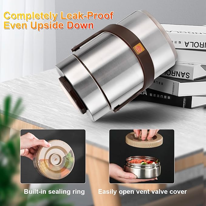 Pawovdeq 67 oz Adults Stainless Steel Vacuum Insulated Wide Mouth Soup Food Thermo Hot Food Jar with Keep Thermal Portable 3 Tier Stackable Bento Hot Food Containers Lunch Boxes (67 oz Silver)
