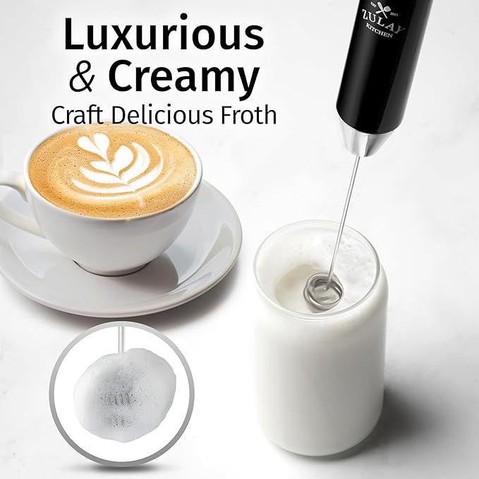Zulay Kitchen Rechargeable Milk Frother Handheld - Frother Wand, Drink Mixer, Electric Whisk Frother, for Cappuccinos, Matcha & Protein Powder - Lux 4 Whisk 2 Speed Waterproof 2000mAh Black