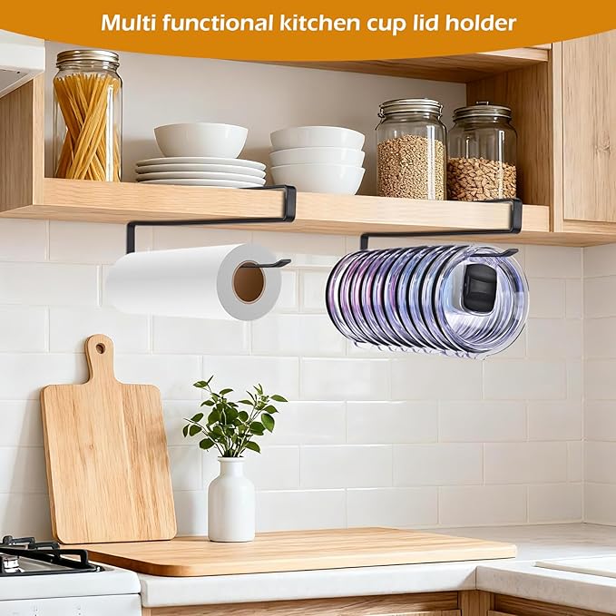 Tumbler Lid Organizer, Kitchen Space-Saving Cup Holder, Organizers for Under Cabinet Storage, No Glue or Drilling Required (Black)