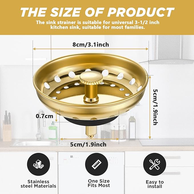 Retisee 2 Pcs Kitchen Sink Stopper Strainer Stainless Steel Drain Strainers for Universal 3-1/2 Inch Kitchen Sink Drain Replacement(Gold)