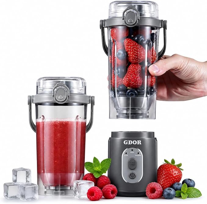 GDOR Cordless Portable Blender for Shakes and Smoothies, Personal Blender with Detachable Base and Twist-and-Go Cup, 3 Auto Programs, 2x23 oz Cups, USB-C Rechargeable, Dishwasher Safe, BPA-Free