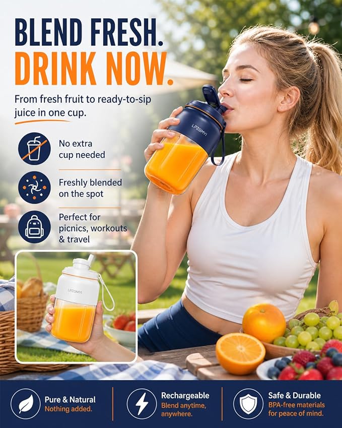 Portable Wireless Juicer Cup Electric Blender Travel Mini Rechargeable Personal Size Juicer Fresh Juice Bottle 44 Fl Oz / 1300 Ml Capacity 48 Blades Compact for Shakes and Smoothies (White)