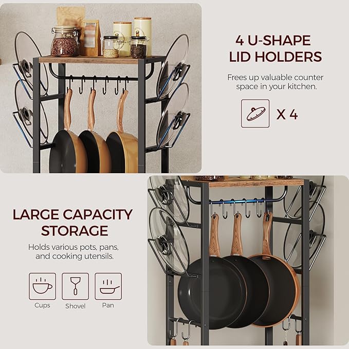 MAHANCRIS 4-Tier Pot Rack, Pots and Pans Organizer for Kitchen, Lid Organizer Rack with U-Shaped Lid Holders, Kitchen Storage Shelf for Standing Cookware, Rustic Brown and Black POHR3001