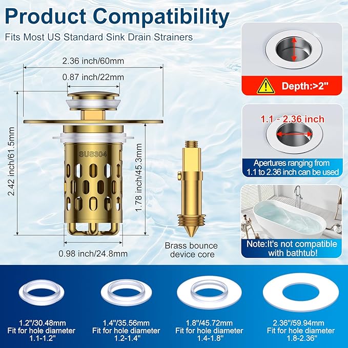 Bathroom Sink Drain Strainer,All Metal Pop-Up Sink Stopper with Removable Stainless Steel Filter Basket, Universal Bathroom Hair Catcher Fit for 1.1-2.36'' Drain (Gold, 1 Pack)