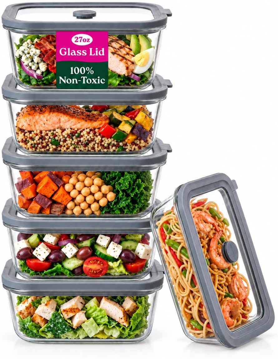 6 Pack Non-Toxic Glass Storage Containers with Glass Lids –27 Oz Borosilicate Glass Meal Prep Containers for Lunch, Airtight Food Storage