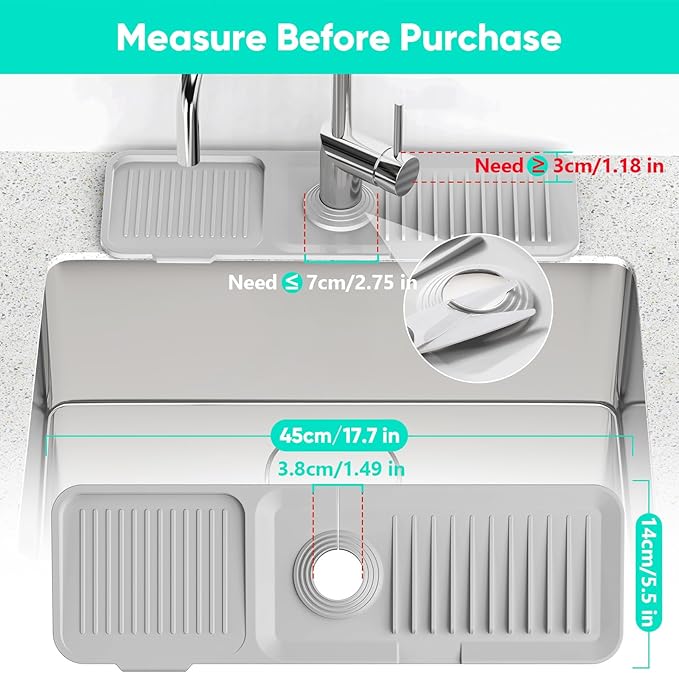 17.7'' Faucet Mat for Kitchen Sink [5°Slope Fast Self-draining] Kitchen Sink Splash Guard Silicone Sink Faucet Mat Splash Guard Kitchen Sink Area Tidy Splash Faucet Guard Draining Mat-Light Gray