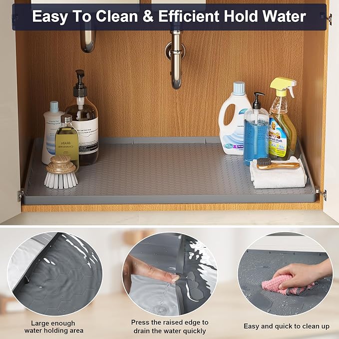 Under Sink Mat - 25" x 19" Waterproof Kitchen Cabinet Mat - Flexible Silicone Under Sink Liner - Kitchen Bathroom Cabinet Mat and Protector for Drips Leaks Spills (Gray)