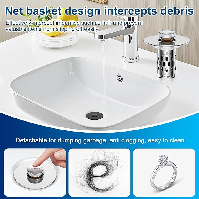 Bathroom Sink Drain Strainer,All Metal Pop-Up Sink Stopper with Removable Stainless Steel Filter Basket, Universal Bathroom Hair Catcher Fit for 1.1-2.36'' Drain(Silver, 1 Pack)