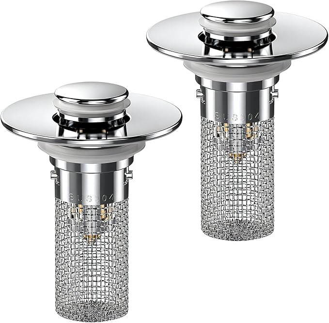 2PCS Bathroom Sink Stopper Hair Catcher, Pop Up Sink Drain Stopper with Strainer & Filter, Universal Drain Plug for Sink Drain & Replacement, Sink Drain Cover with Basket for Bathroom Stopper