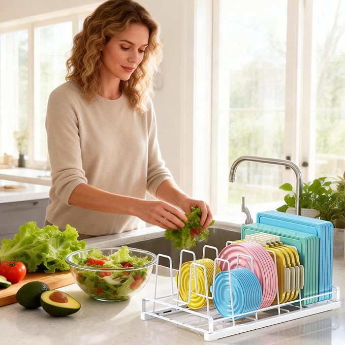 Food Container Lid Organizer, 6 Removable Adjustable Dividers Metal Rack - Storage for Plastic Lids, Pots, Bakeware, Fit for Cabinets, Cupboards, Pantry, Drawers (White)