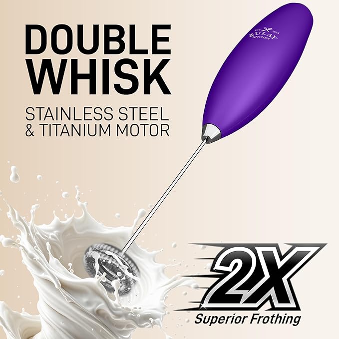 Zulay Kitchen Powerful Milk Frother Wand With Duracell Batteries - Ultra Fast Handheld Drink Mixer - Electric Whisk Foam Maker for Coffee, Lattes, Cappuccino & Matcha - Double Whisk - Purple
