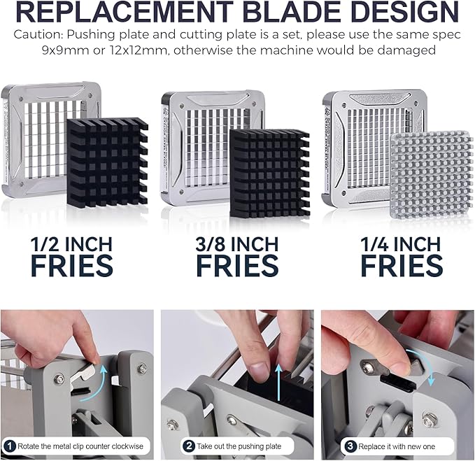 Sopito French Fry Cutter Electric Vegetable Slicer Stainless Steel with 3 Blades 1/4 3/8 1/2 Inch for Potatoes Carrots Onions Apples