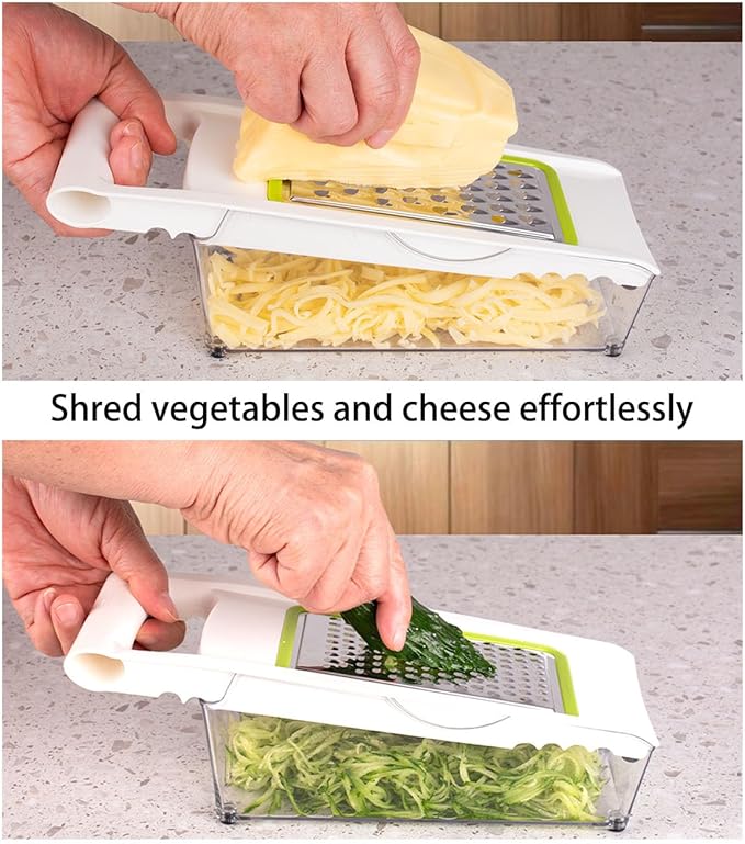 NACOLUS Cheese Grater with Container,5 In 1 Mandoline Slicer for Kitchen,Multi Purpose Vegetable Slicer, Easy to Clean Vegetable Chopper,Cheese Shredder,Julienne Slicer and Peeler