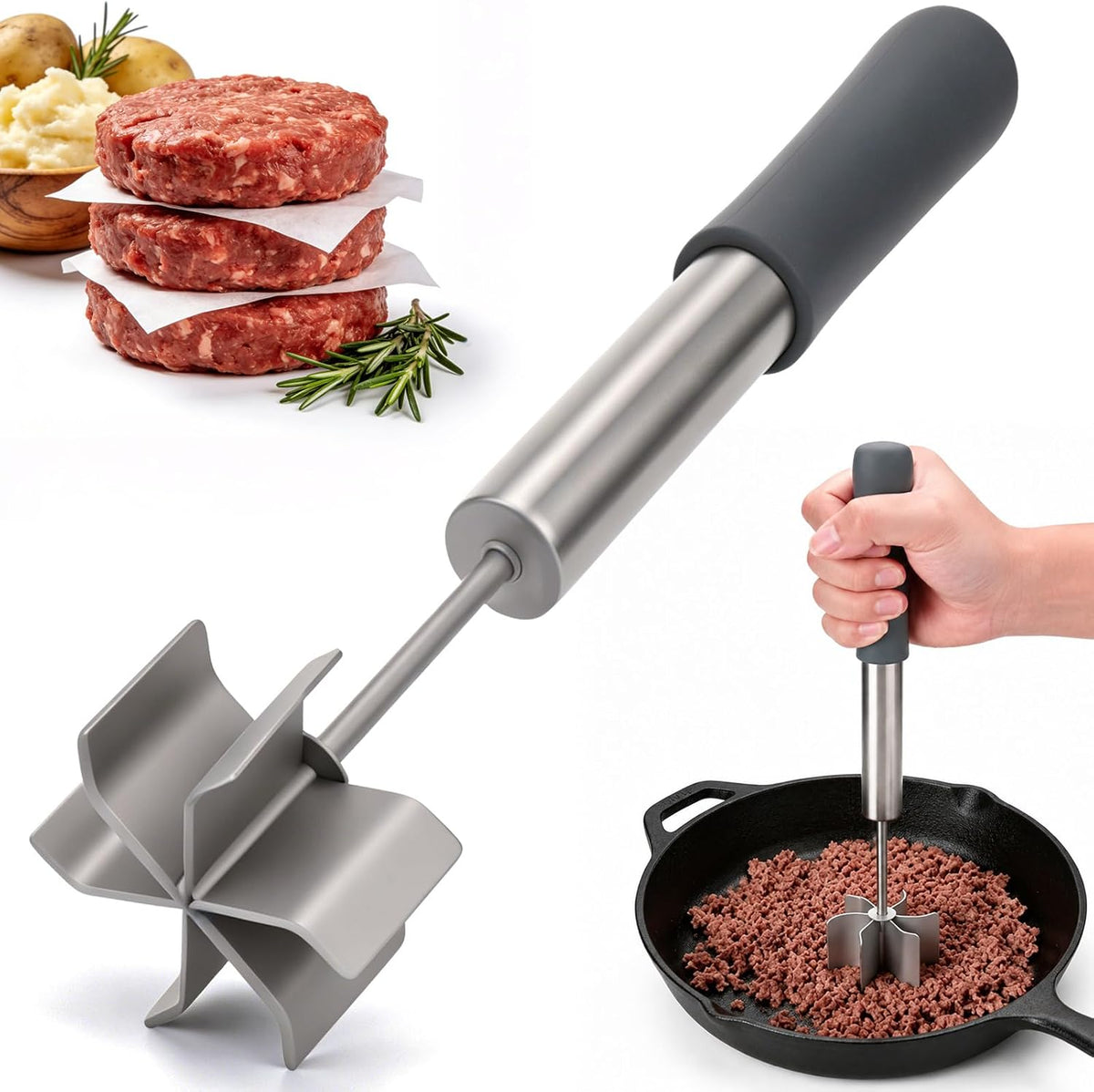 Stainless Steel Meat Chopper with 6 Wide Blades, Heavy Duty Ground Beef Masher & Meat Smasher Tool, Heat Resistant Silicone Handle Hamburger Smasher for Cast Iron & Metal Pans