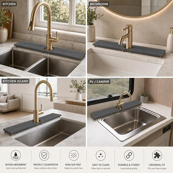 Stone Faucet Mat for Kitchen Sink, Water Absorbing Sink Tray Organizer for Bathroom Counter, Diatomite Soap Dish Coaster Caddy Riser, Sponge Holder Dispenser Mat, Gold Dark Gray, 23.6" x 4"
