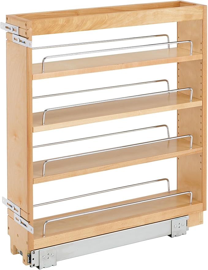 Rev-A-Shelf Maple Pullout Organizer for Full Height Base Cabinets, Full Extension Slides & Adjustable Shelves, Min Opening Width of 5.5", 448-BC-5C
