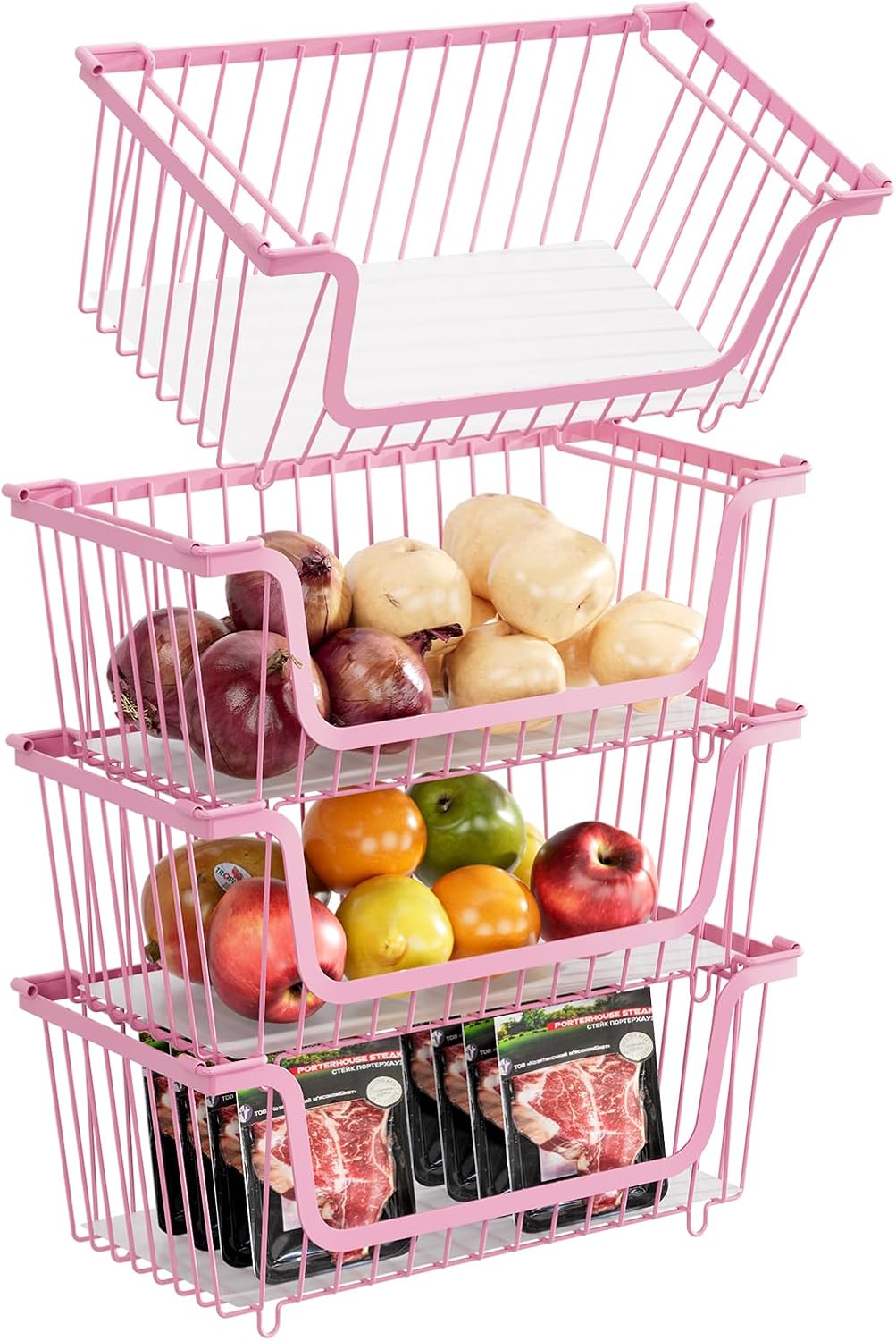 4 Pcs Stackable Wire Baskets for Pantry Organizers and Storage, Pink
