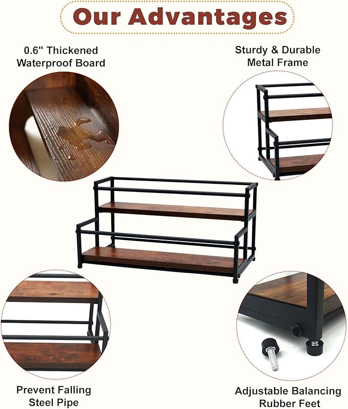Coffee Syrup Rack Organizer - Metal Bottle Holder for 10 Bottles – Rustic Countertop Display Shelf for Coffee Bar, Kitchen Cabinet, Pantry Storage for Syrups, Liquor, Spice, Tea & Wine (2-Tier)