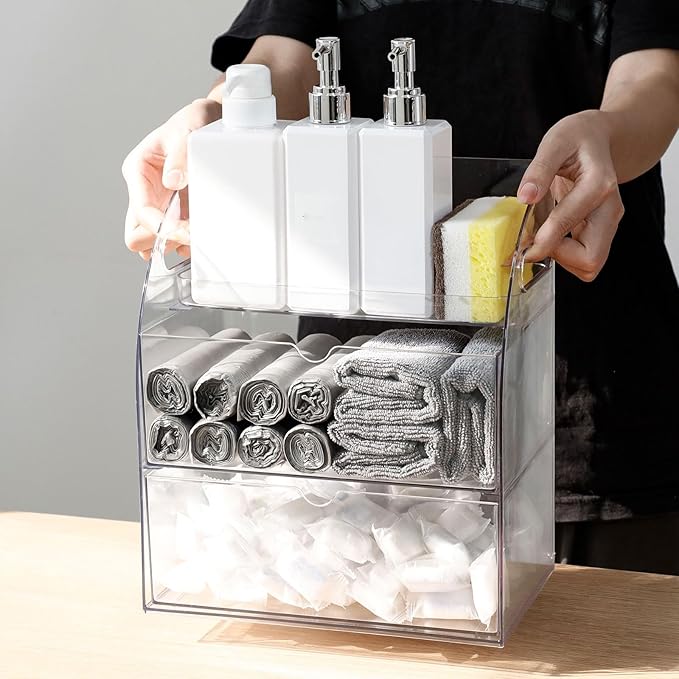 Clear Kitchen and Pantry Organizer with Drawer, Plastic Trash Bags and Dishwasher Pods Dispenser Holder Under Sink, Large Storage Container with Handle for Laundry and Bathroom