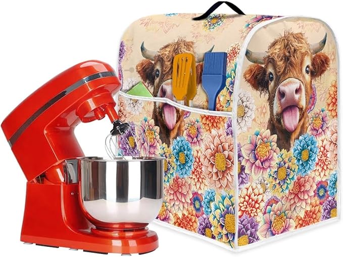 Flower Cow Kitchen Stand Mixer Cover Washable Dust Cover for 4.5-5 Quart Kitchen Mixers with Handle and Pockets Small Appliance Protector for Home Decor